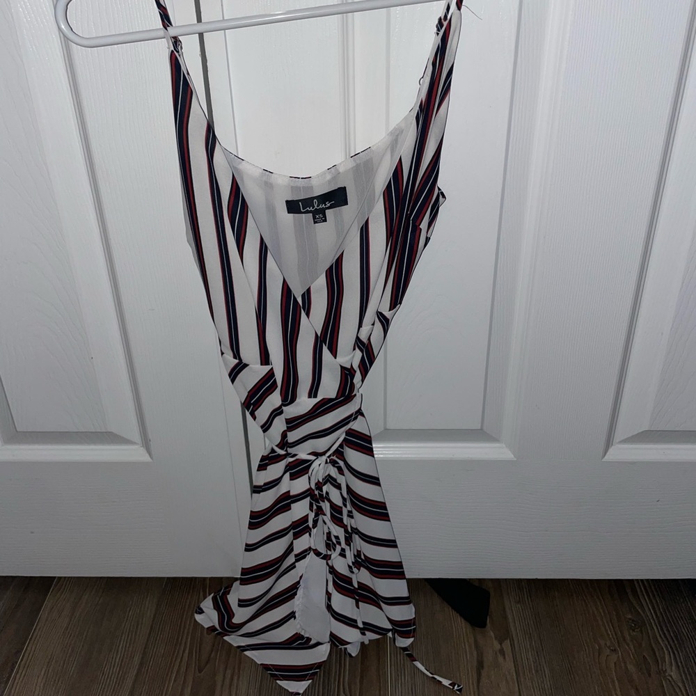 White and burgundy mini wrap dress